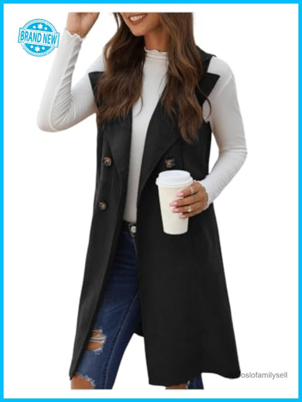 Women's Long Sleeveless Blazer Vest Open Front Double Breasted Business Casual